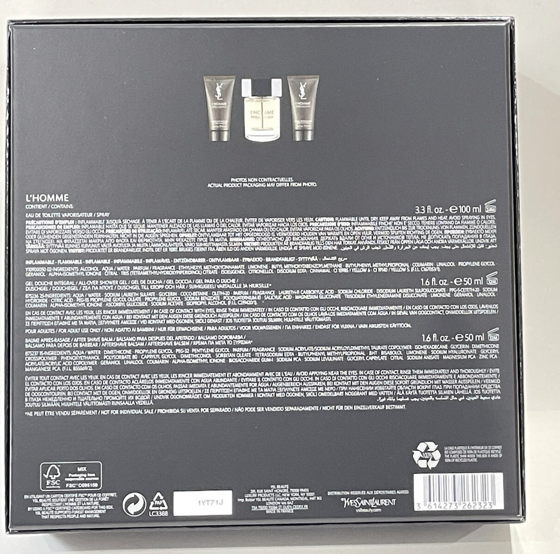 Ysl L’homme 3pc Gift Set With 3.4oz Edt+1.6 Body Lition+1.6 Shower Gel