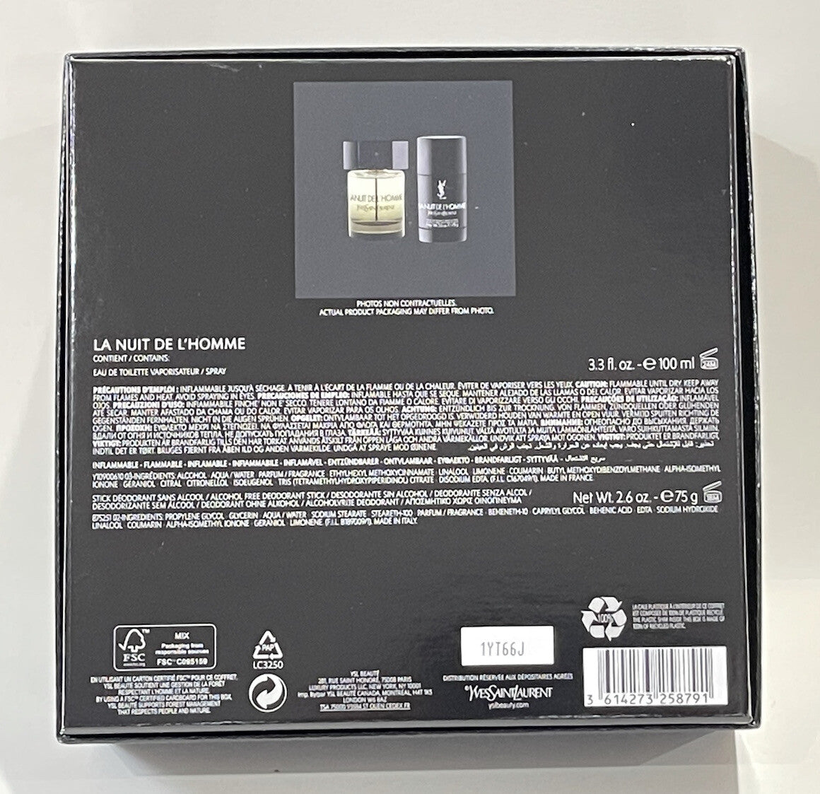 Ysl La Nuit 2pc Gift Set With 3.3oz Edt Spray + 2.6oz Deodorant Stick New In Box