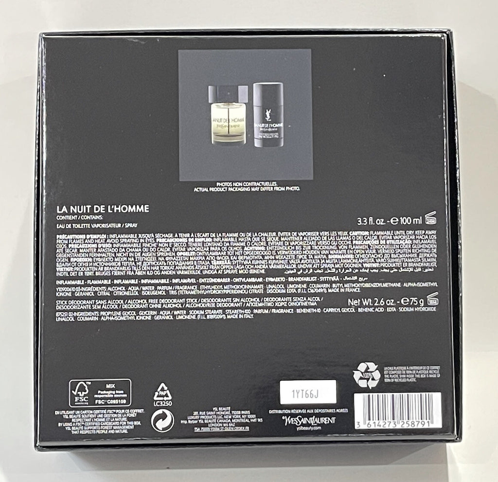 Ysl La Nuit 2pc Gift Set With 3.3oz Edt Spray + 2.6oz Deodorant Stick New In Box