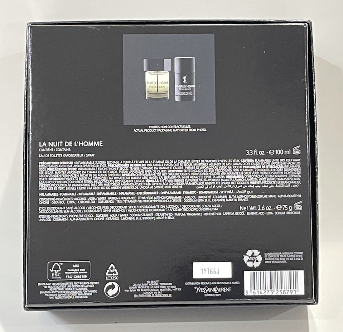 Ysl La Nuit 2pc Gift Set With 3.3oz Edt Spray + 2.6oz Deodorant Stick New In Box