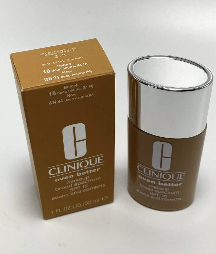 CLINIQUE EVEN BETTER MAKEUP BEFORE 18 (M-N) NOW WN 94 DEEP NEUTRAL (M) 1 OZ BOX